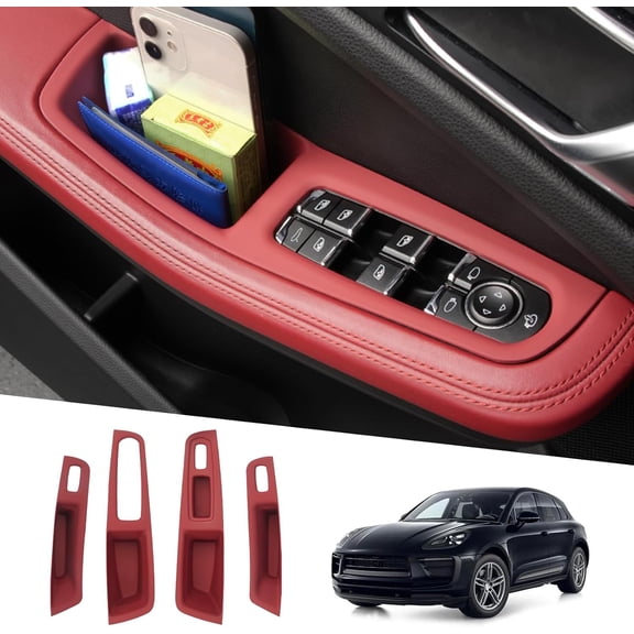 Fits for Porsche Macan Accessories 2014-2024, 4pcs Upgraded Door Side Insert Organizer Box Pocket, Window Button Panel Trim, Interior Decoration Kit (Red)