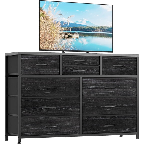 Fits TVs up to 50 In TV Stand 10-Drawer Modern Fabric Storage for Living Room and Bedroom Black Willow