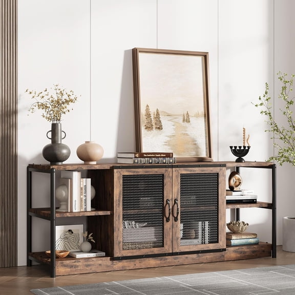 Fits TVs up to 70 In TV Stand Entertainment Center with Storage and Mesh Doors Farmhouse Industrial Style Living Room Grey