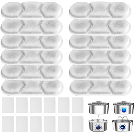 Fits Zuqqony DYSJ01 Pet Water Fountain Filter, 12 Pack Replacement Cartridges & 12 Pads for 3.2 Gallon Dog Water Dispenser