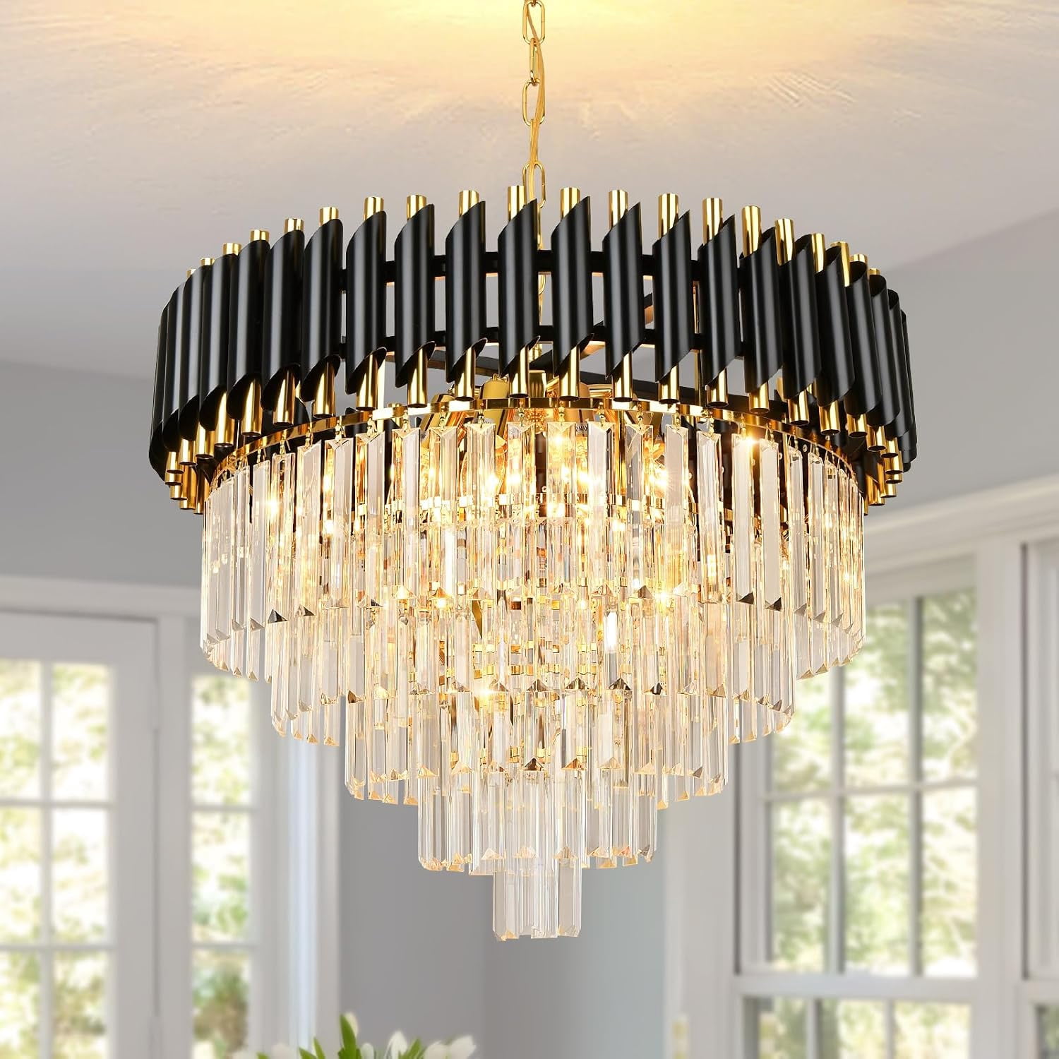 Fitsai Eclectic Adjustable Height 8-Light Black Round Pendant Lights ...