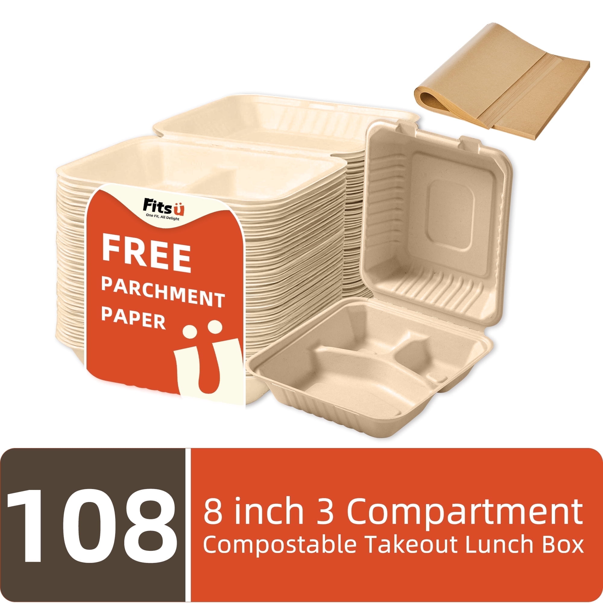 Fitsu 8x8 Compostable Heavy Duty Disposable Take Out Container 108pc,3 ...