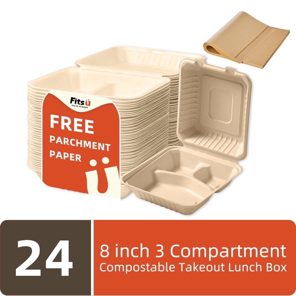 Fitsu 8x8 Compostable Heavy Duty Disposable Take Out Container 24pc,3 Compartments,parchment paper,Eco-Friendly Biodegradable,BPI