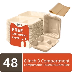 Fitsu 8x8 Compostable Heavy Duty Disposable Take Out Container 48pc,3 Compartments,parchment paper,Eco-Friendly Biodegradable,BPI