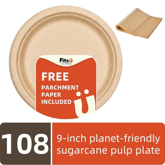 Fitsu 9"Inch Compostable Heavy Duty Disposable Plates 108pc,parchment paper,Natural Unbleached,Eco-Friendly Biodegradable,PFAS-Free,BPI