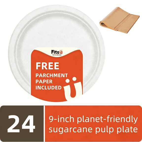 Fitsu 9"Inch Compostable Heavy Duty Disposable Plates 24pc,parchment paper,White,Eco-Friendly Biodegradable,PFAS-Free,BPI