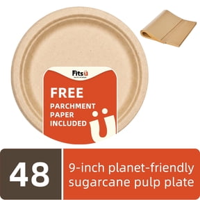 Fitsu 9"Inch Compostable Heavy Duty Disposable Plates 48pc,parchment paper,Natural Unbleached,Eco-Friendly Biodegradable,PFAS-Free,BPI
