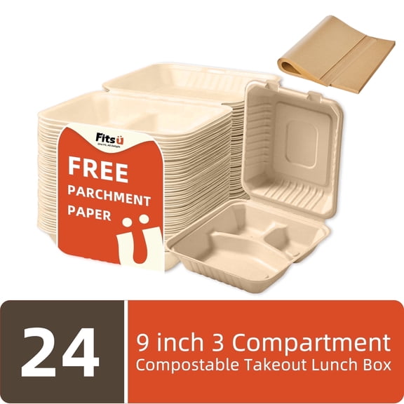 Fitsu 9x9 Compostable Heavy Duty Disposable Take Out Container 24pc,3 Compartments,parchment paper,Eco-Friendly Biodegradable,BPI