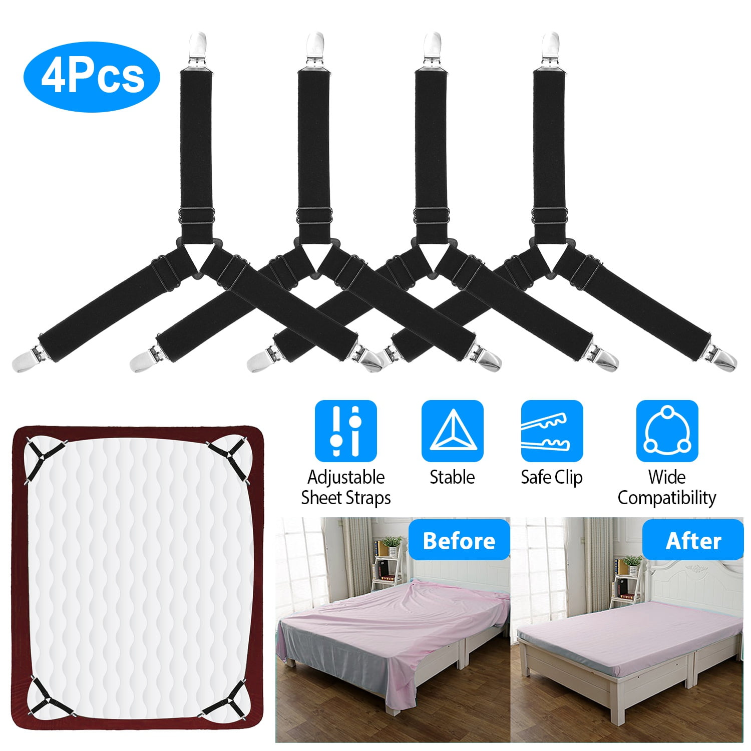 "Fitted Bed Sheet Suspender Strap. Bed Sheet Fasteners Clippers, 4 PCS