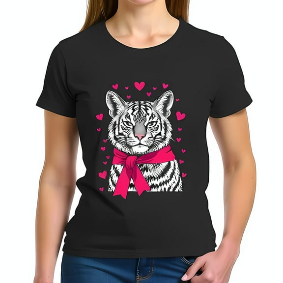 Fitted Black Cotton T-Shirt with Bold White Tiger Graphic and Playful Pink Hearts - Unique Animal Lover Fashion