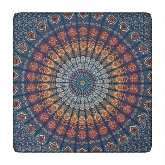 Fitted Bohemian Style Square Table Cover 34x34 Inch, Elastic Hem Tablecloth for Card Tables and Kitchen Dining Areas