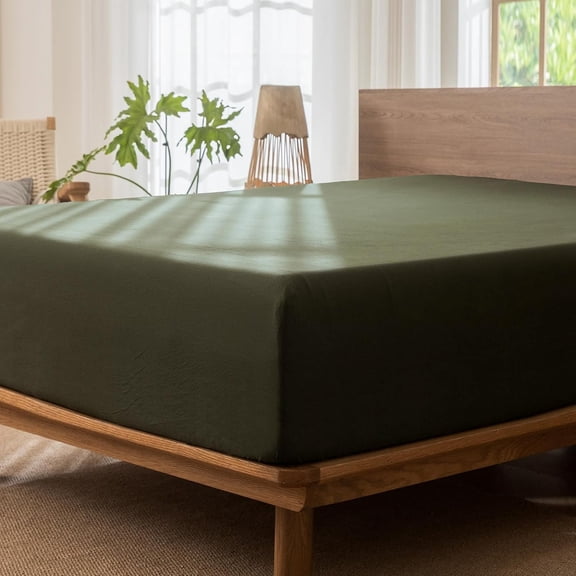 Fitted Bottom Sheet Only 100% Washed Cotton Linen Like Textured Breathable Durable Soft Comfy Deep Pocket Fits Mattress up to 17" (Olive Green, Queen)