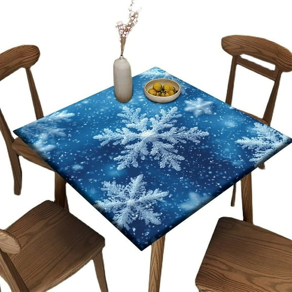 Fitted Bridge Table Cloth, Blue and White Snowflake Pattern Printed on Stain Resistant Picnic Table Cover, Perfect for Parties & Celebrations, Fit for 32" x 32" Square Tables