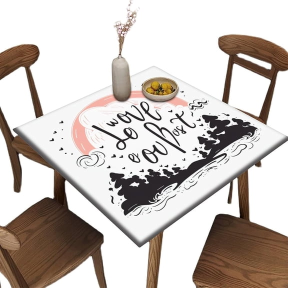 Fitted Card Table Tablecloth, Love And Encouragement Quotes Pattern Printed on Stain Resistant Polyester Table Cover, for Picnic Camping and Kitchen Dining Party, Fit for 32" x 32"square table