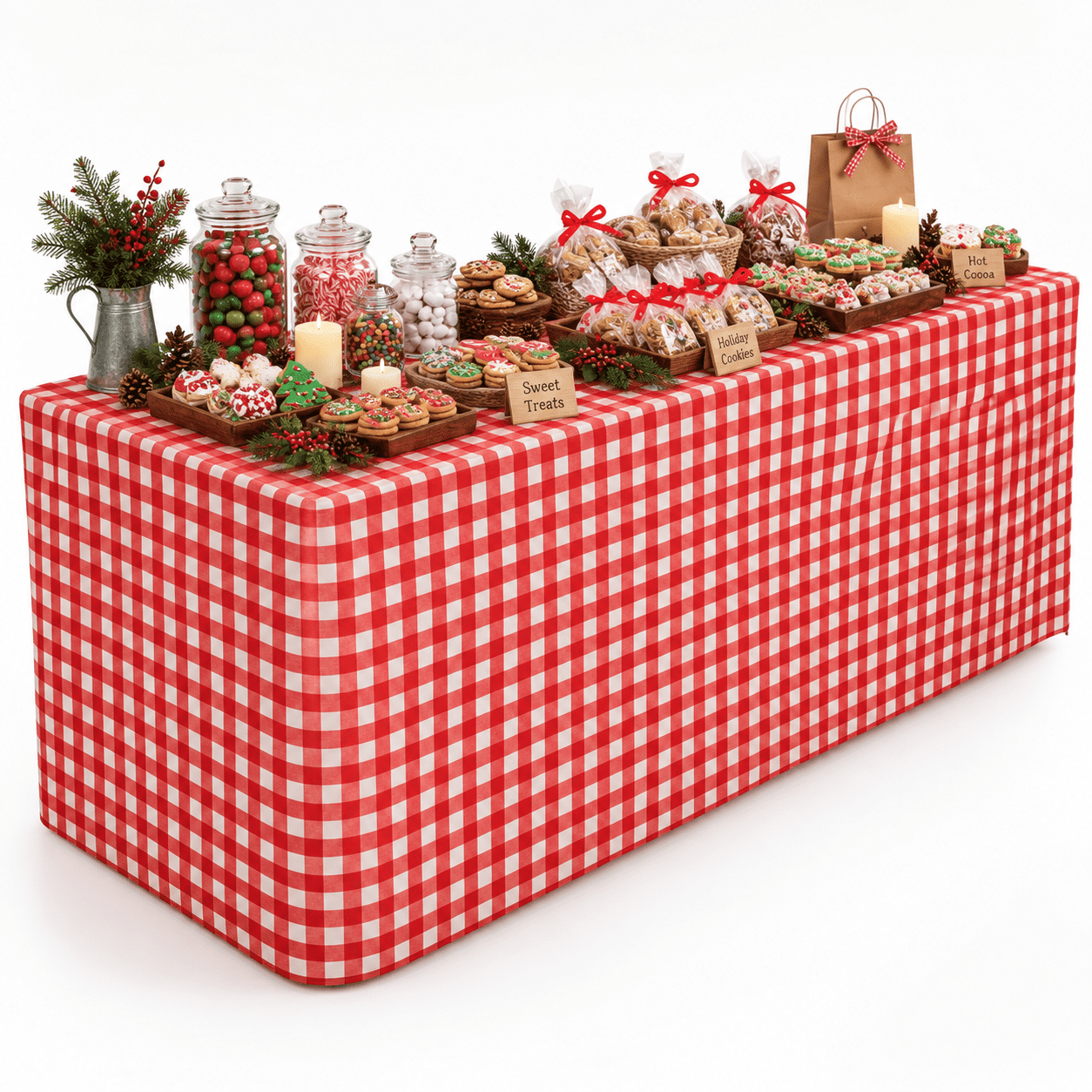 Fitted Checkered Tablecloths for 8 Foot Tables, 2 Pack, White and Red ...