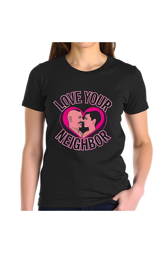 Fitted Cotton Short Sleeve T-Shirt with Colorful Heart Graphic & " LOVE YOUR NEIGHBOR " Text - Inclusive Design