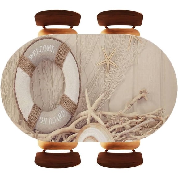 Fitted Covers for Oval Table Marine Life Decoration on Wooden Texture, Decorative Table Topper Cap for Cocktail Patio Terrace， Fits 48"x68" Oval Tables, Style03