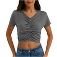 thumbnail image 1 of Fitted Crop Tops for Women Short Sleeve V Neck Ruched Slim Going Out T Shirts Solid Color Comfy Stretch Summer Tees, 1 of 7