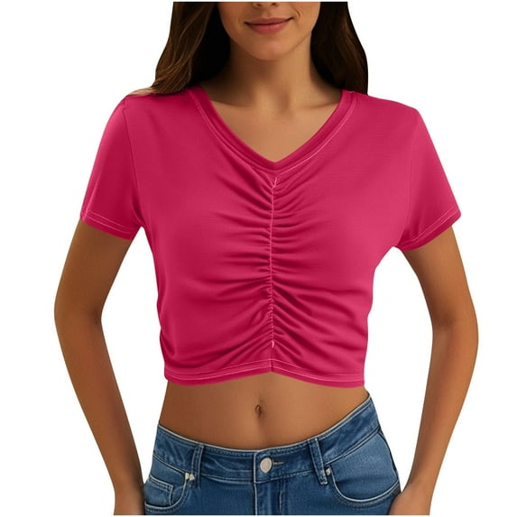 Fitted Crop Tops for Women Short Sleeve V Neck Ruched Slim Going Out T Shirts Solid Color Comfy Stretch Summer Tees