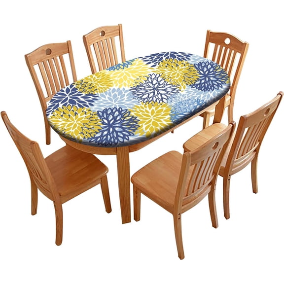 Fitted Dahlia Flower Oval Elastic Edge Tablecloth, Spring Floral Washable Spill Proof Oblong Table Covers, for Holiday Family Banquet and Patio Use, Fits Tables up to 48" W x 68" L, Blue Yellow