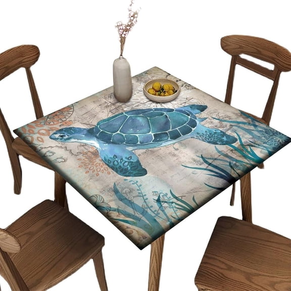 Fitted Elastic Edge Square Tablecloths, Blue Sea Turtle Polyester Table Cover, for Outdoor Picnic Camping and Indoor Kitchen Dining Party, 34(Square)
