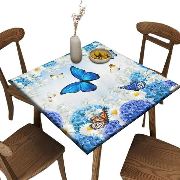 Fitted Elastic Edge Square Tablecloths, Blue White Flower Butterflies Polyester Table Cover, for Indoor Holiday Family Banquet and Outdoor Patio Use, Fit for 36" x 36"Square Table