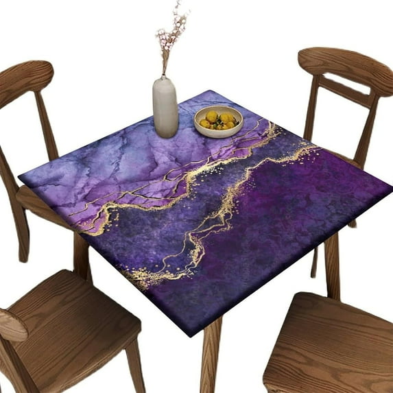 Fitted Elastic Edge Square Tablecloths, Gold Edge Marble Polyester Table Cover, for Indoor Restaurant or Outdoor Patio Party Dining, Fit for 36" x 36"Square Table