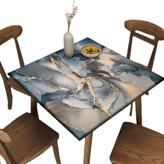 Fitted Elastic Edge Square Tablecloths, Marble Royal Blue Gilded Gold Polyester Table Cloth, for Indoor Holiday Family Banquet and Outdoor Patio Use, Fit for 34" x 34"Square Table