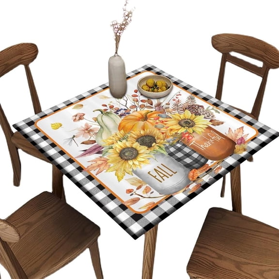 Fitted Elastic Edge Square Tablecloths, Pumpkin Autumn Leaves Harvest Thanksgiving Polyester Table Cloth, for Outdoor Patio and Indoor Kitchen Dining Party, Fit for 36" x 36"Square Table