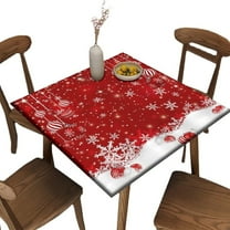 Fitted Elastic Edge Square Tablecloths, Red Christmas Snowflake Polyester Table Cloth, Great for Outdoor Home Kitchen/Parties/Holiday Dinner, Fit for 34" x 34"Square Table