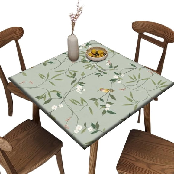 Fitted Elastic Edge Square Tablecloths, Spring Green Leaves Bird Polyester Table Cloth, Great for Outdoor Home Kitchen/Parties/Holiday Dinner, Fit for 36" x 36" Square Table