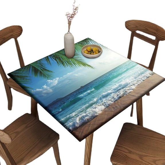 Fitted Elastic Edge Square Tablecloths, Summer Beach Palms Polyester Table Cloth, Great for Outdoor Home Kitchen/Parties/Holiday Dinner, Fit for 36" x 36" Square Table