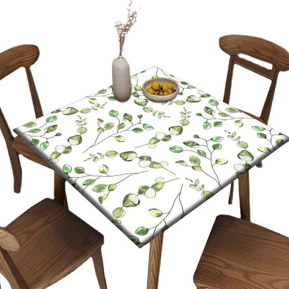 Fitted Elastic Edge Square Tablecloths, Watercolor Pattern Leaf Sage Grass Polyester Table Cover, for Indoor Restaurant or Outdoor Patio Party Dining, Fit for 34" x 34"Square Table