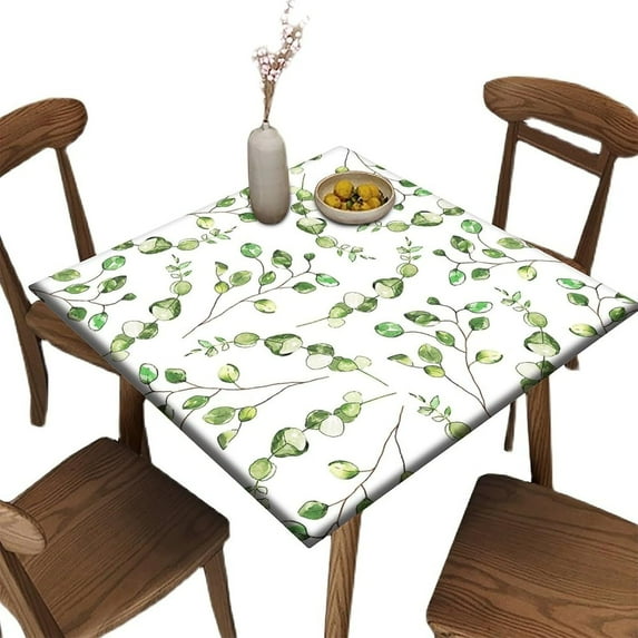 Fitted Elastic Edge Square Tablecloths, Watercolor Pattern Leaf Sage Grass Polyester Table Cover, for Kitchen Dining Party Patio Tabletop Decoration, Fit for 36" x 36"Square Table