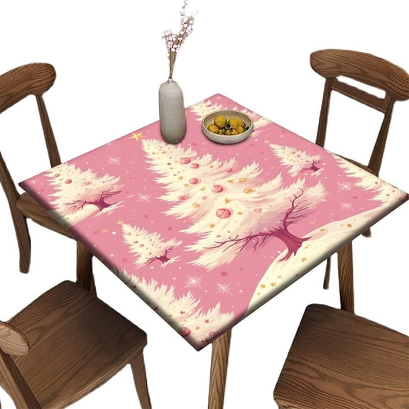 Fitted Folding Table Square Cloths, Pink and White Christmas Tree Pattern Printed on Oilproof Stretchable Table Covers, Perfect for Parties & Celebrations, Fit for 32" x 32" Square Tables