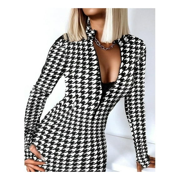 Fitted Long Sleeve Dress With Zipper And V-Neck