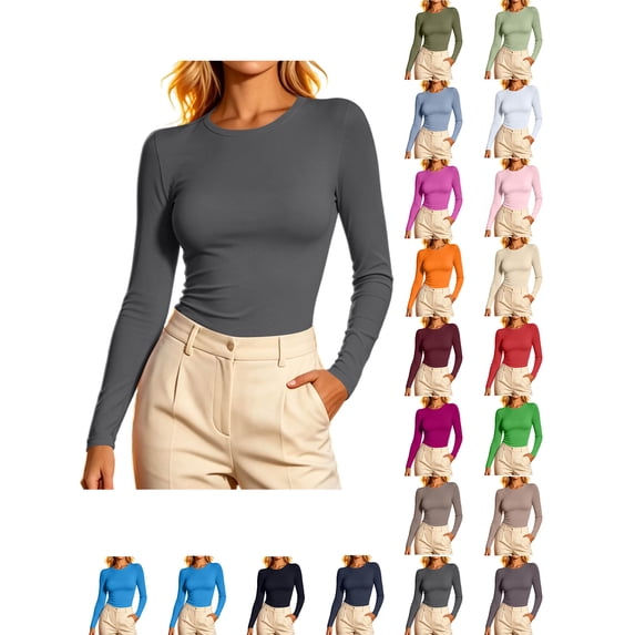 Fitted Long Sleeve Shirt Women Zaewscy Women Crew Neck Long Sleeve Slim Fitted T-Shirt Stretchy Basic Layering Tee Top Casual Daily Wear Dark Gray XS