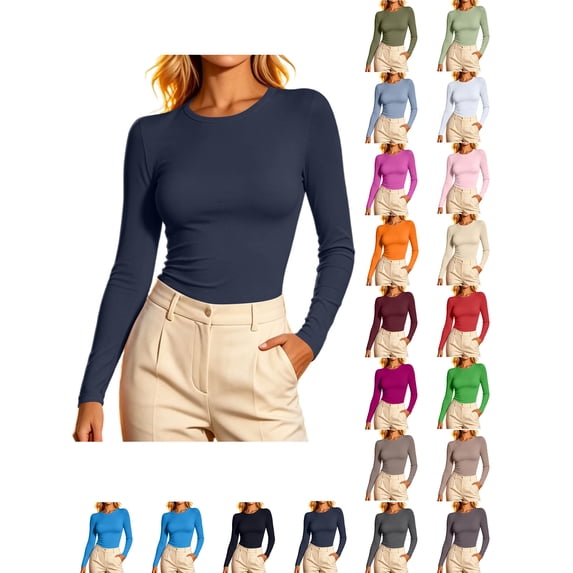 Fitted Long Sleeve Shirt Women Zaewscy Women Crew Neck Long Sleeve Slim Fitted T-Shirt Stretchy Basic Layering Tee Top Casual Daily Wear Navy XS