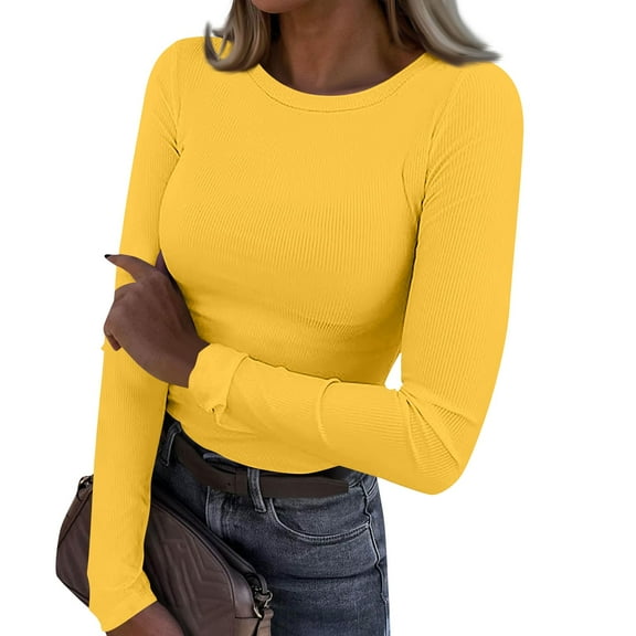 Fitted Long Sleeve Shirts for Women Stretch Casual Basic Tops Crewneck Ribbed Tees Shirts