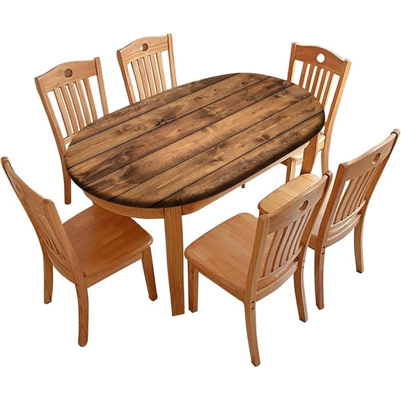 Fitted Oval Elastic Edge Tablecloth, Brown Wood Grain Table Cover, Great for Home Kitchen/Parties/Holiday Dinner, Fits for 48 x 68 Oval Table