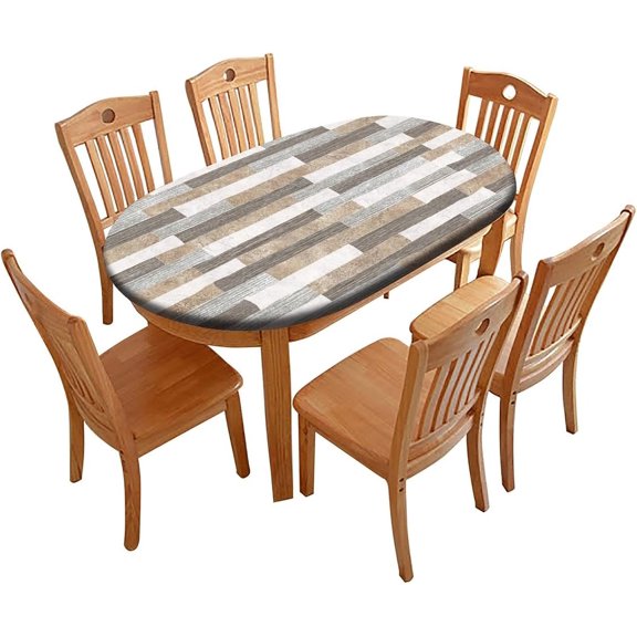 Fitted Oval Elastic Edge Tablecloth, Grey Striped Wood Grain Polyester Table Cloth, for Indoor Restaurant or Outdoor Patio Party Dining, Fits for 48" x 68" Oval Table