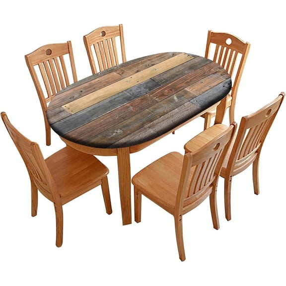 Fitted Oval Elastic Edge Tablecloths, Brown Wood Grain Table Cloth, for Outdoor Picnic Camping and Indoor Kitchen Dining Party, Fits for 48 x 68 Oval Table