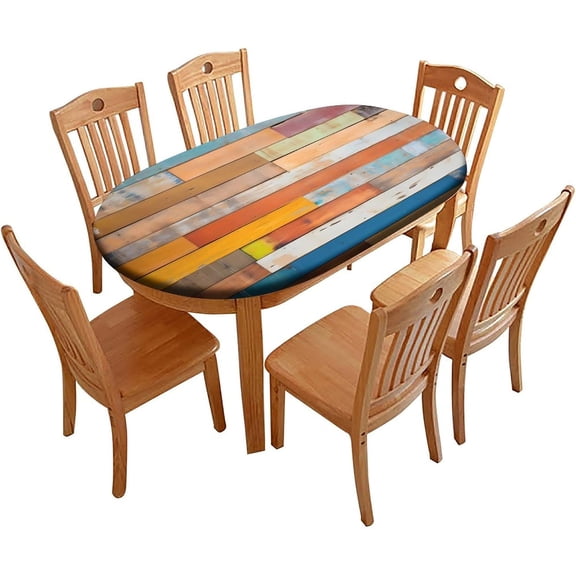 Fitted Oval Elastic Edge Tablecloths, Colorful Wood Grain Stripes Polyester Table Cloth, for Indoor Restaurant or Outdoor Patio Party Dining, Fits for 48" x 68" Oval Table