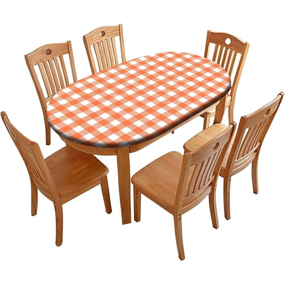 Fitted Oval Elastic Edge Tablecloths, Orange Lattice Table Cover, for Kitchen Dining Tabletop Decoration, Fits for 48 x 68 Oval Table