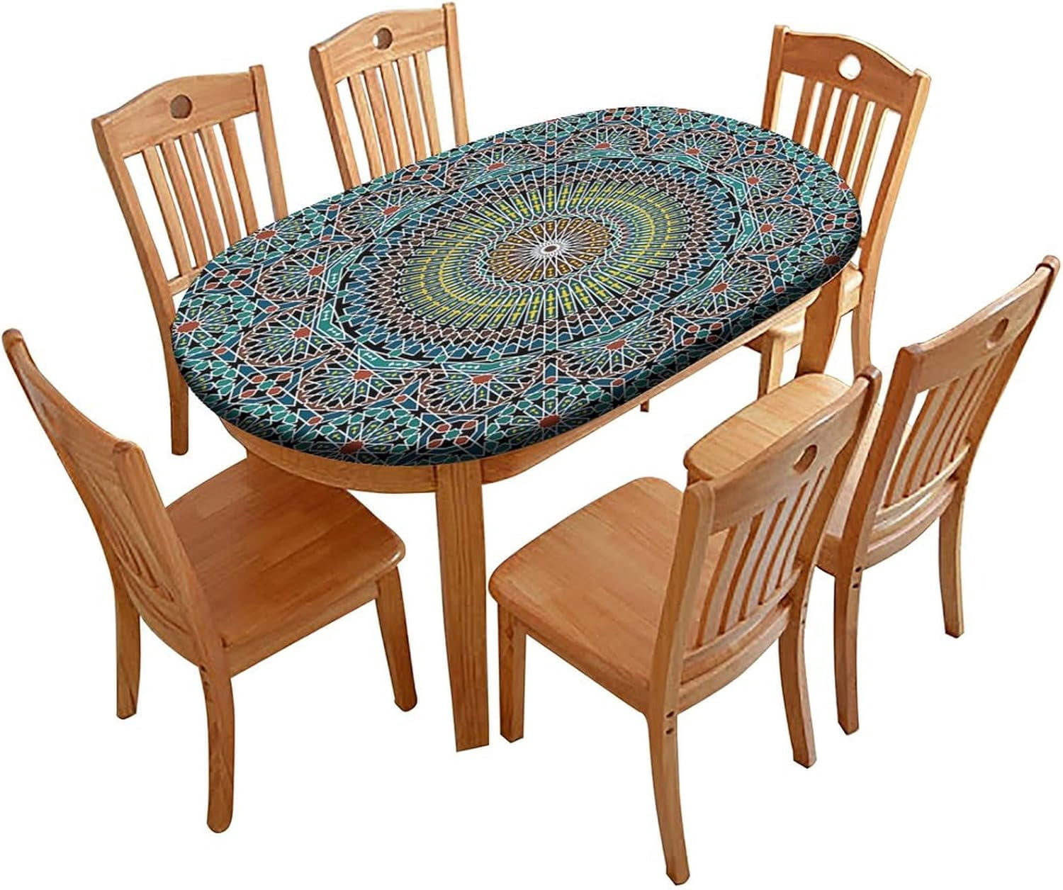 Fitted Oval Tablecloth with Elastic Edge, Exotic Geometric Style ...