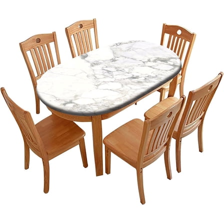 Fitted Oval Tablecloth with Elastic Edge, White Marble Lines Washable Wipeable Table Cover, for Indoor Holiday Family Banquet and Outdoor Patio Use, 68 inch x 48 inch