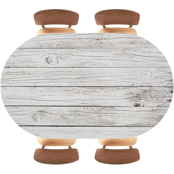 Fitted Oval Tablecloth, Elastic Edged Table Cover, White Wood Texture Backgrounds Rustic Retro, for Events, Kitchen, Dining Room Decor, Fits 48"x68" Oval Tables