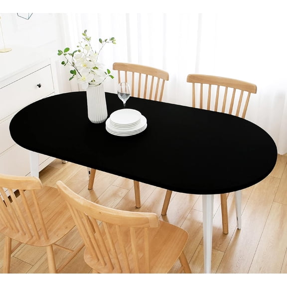 Fitted Oval Tablecloth Spandex Stretch 48 x 68 Inch | Black Elastic Edge Table Cloth, Fitted Washable Dining Table Cover, Topper Cap Tablecloth for Dining Wedding Party Picnic