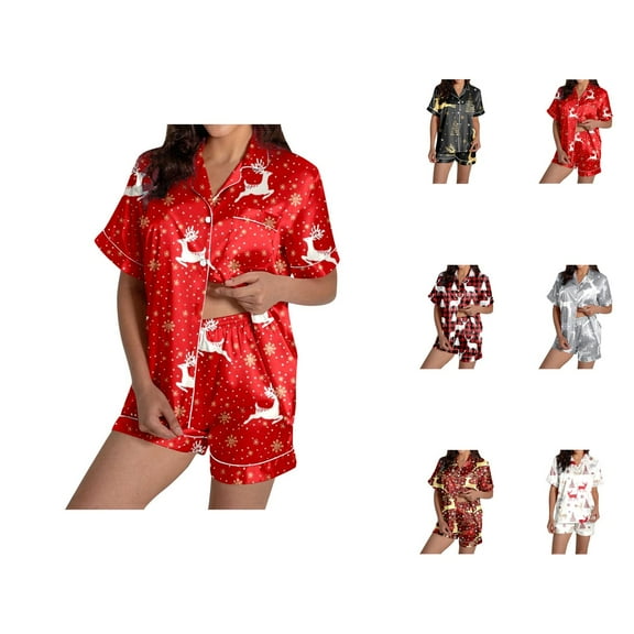 Fitted Pajama Sets – Two Piece Lounge Sets & Minimalist Sleepwear Women's Reindeer Print Short Sleeve & Shorts Pajama Set For Christmas
