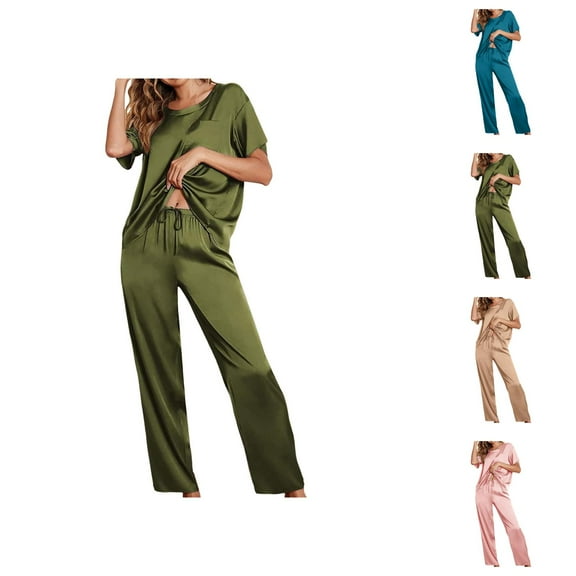 Fitted Pajama Sets – Two Piece Lounge Sets & Minimalist Sleepwear Womens Satin Pajama Set Short Sleeve Shirt With Long Pajama Pant Set Soft PJ Loungewear